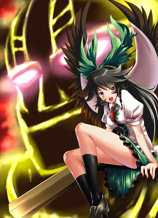 bow brown_hair green_bow hair_bow hisou_tensoku long_hair md5_mismatch mecha red_eyes reiuji_utsuho solo third_eye touhou wakanita wings