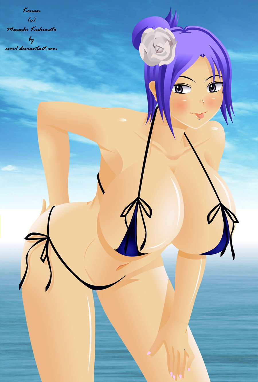 bikini breasts evov1 highres huge_breasts konan naruto swimsuit tongue