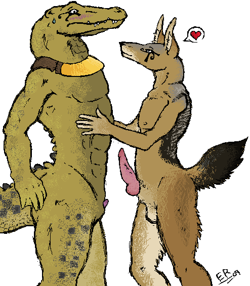 &hearts; &lt;3 anthro blush canine crocodile deity duo egyptian eye_of_ra gay interspecies jackal male mammal nervous plain_background reptile scalie sobek unknown_artist white_background