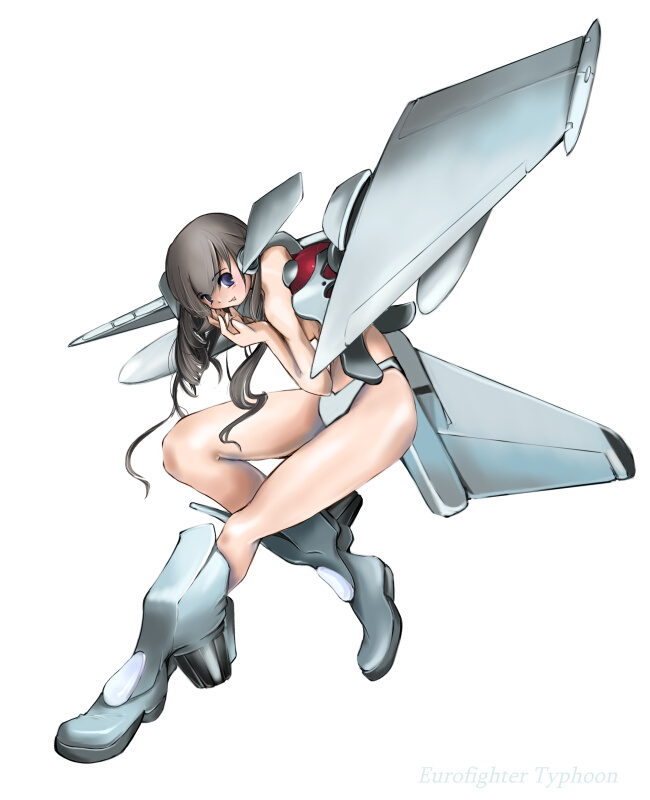 aircraft airplane brown_hair canards ef_typhoon head_wings jet long_hair mecha_musume military nano original personification simple_background solo