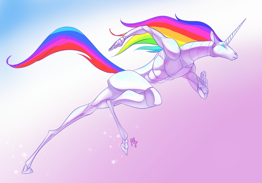 adult-swim blue_eyes equine horns peritian rainbow robot robot_unicorn_attack running tail trippy unicorn white