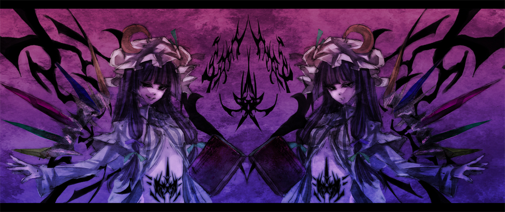 bad_id bad_pixiv_id book crescent dual_persona hat lastdark letterboxed long_hair multiple_girls patchouli_knowledge purple_hair symmetry tattoo touhou