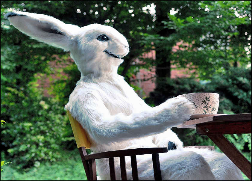doll fursuit lagomorph male mammal nightmare_fuel rabbit realistic sitting smile solo tea uncanny_valley unknown_artist