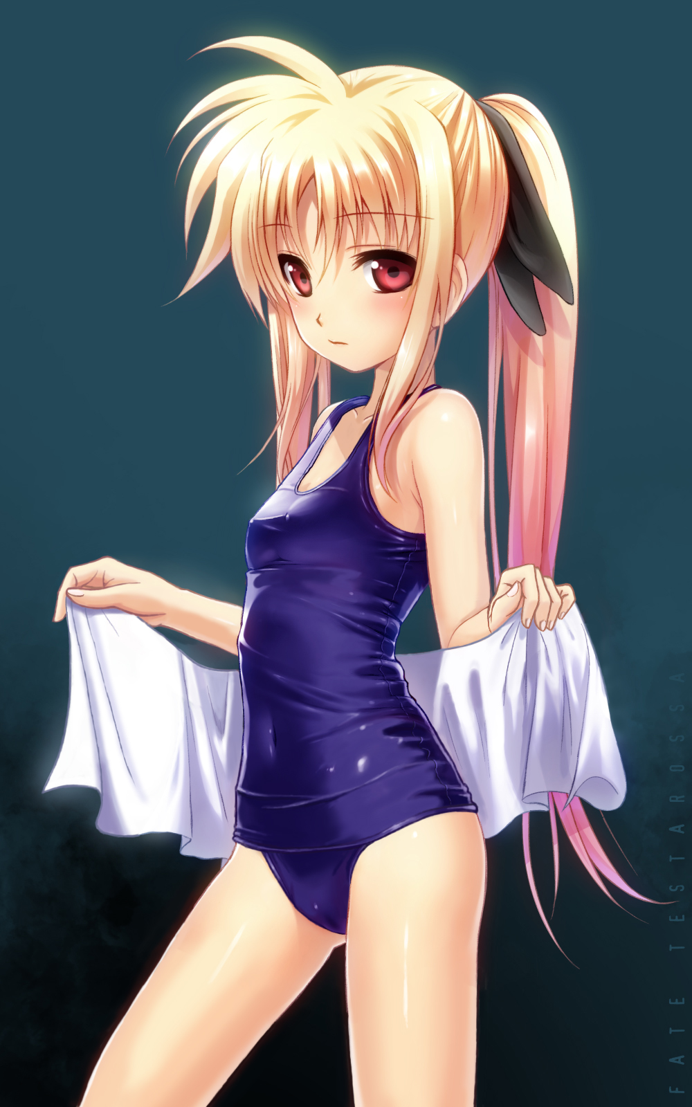 40010prototype ahoge bangs blonde_hair blush cameltoe character_name covered_navel covered_nipples fate_testarossa flat_chest gradient gradient_background gradient_hair hair_ribbon highres holding long_hair looking_at_viewer looking_back lyrical_nanoha mahou_shoujo_lyrical_nanoha multicolored_hair one-piece_swimsuit parted_bangs profile red_eyes ribbon school_swimsuit shiny shiny_clothes sidelocks simple_background skindentation solo standing swimsuit third-party_edit towel twintails very_long_hair