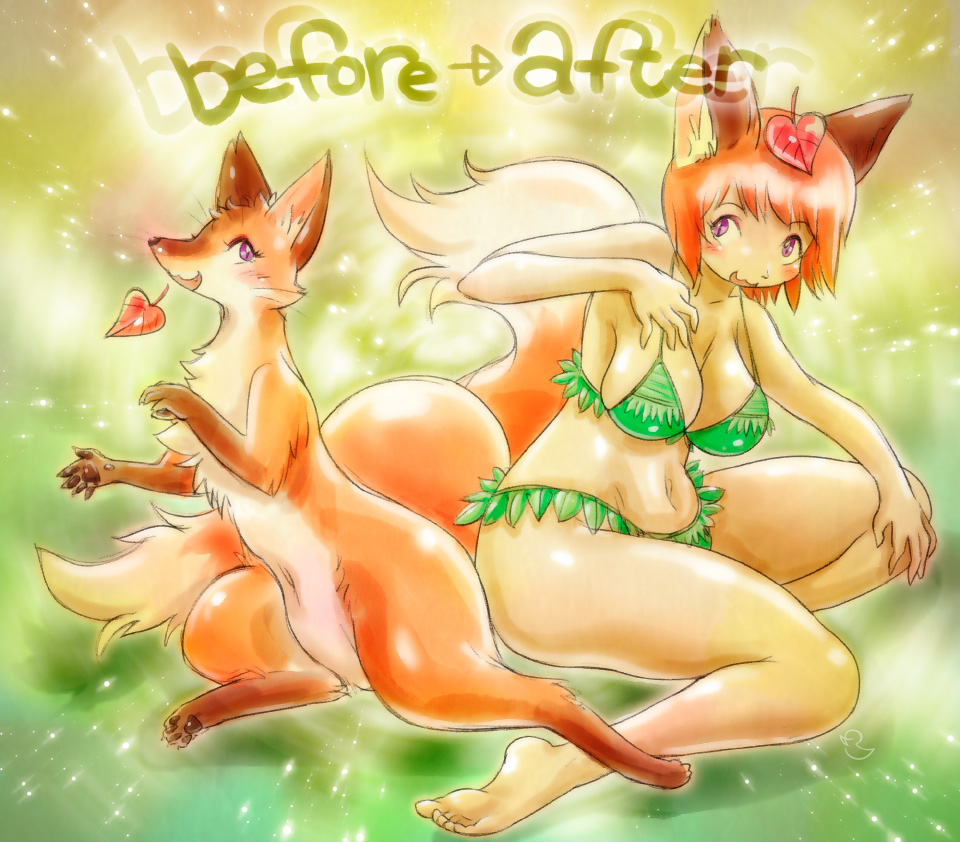 animal_tail anthro breasts canine clothing english_text fang fangs female feral fox fox_ears fox_tail hindpaw human leaf mammal melonleaf nude open_mouth paws purple_eyes slit_pupils smile solo swimsuit text transformation