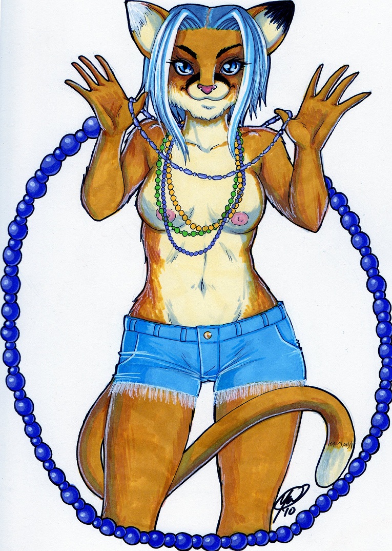 beads blue_eyes breasts feline female mammal plain_background solo standing topless unknown_artist white_background