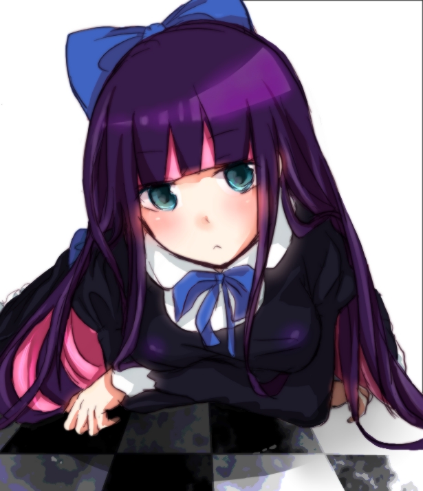 :&lt; aoi_chiruko bad_id bad_pixiv_id blue_eyes blush bow checkered checkered_floor crossed_arms hair_bow jpeg_artifacts long_hair lying multicolored_hair on_stomach panty_&amp;_stocking_with_garterbelt solo stocking_(psg) two-tone_hair very_long_hair