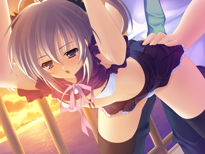 1boy 1girl blush bra clothed_sex from_behind game_cg lingerie outdoors panties sex skirt sky thighhighs underwear