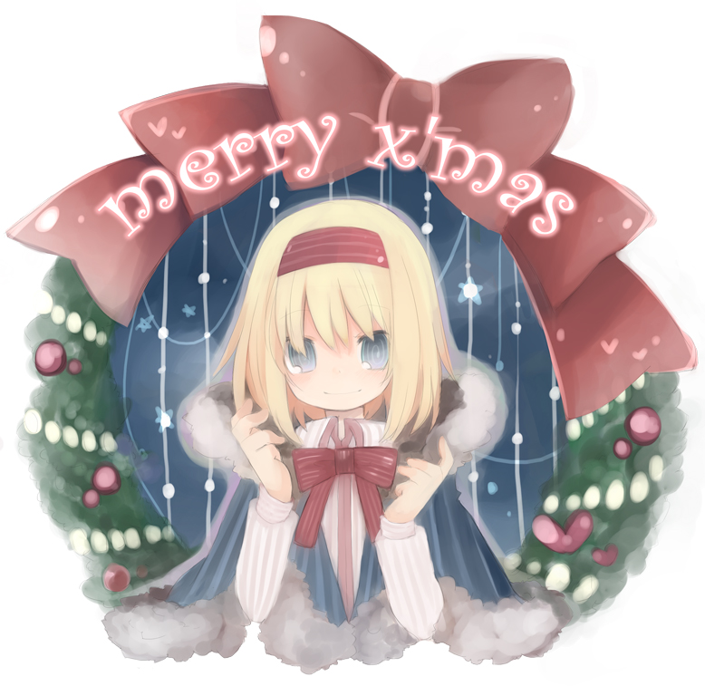 alice_margatroid blonde_hair blue_eyes bow capelet christmas hairband oinari_(tensaizoku) solo touhou wreath