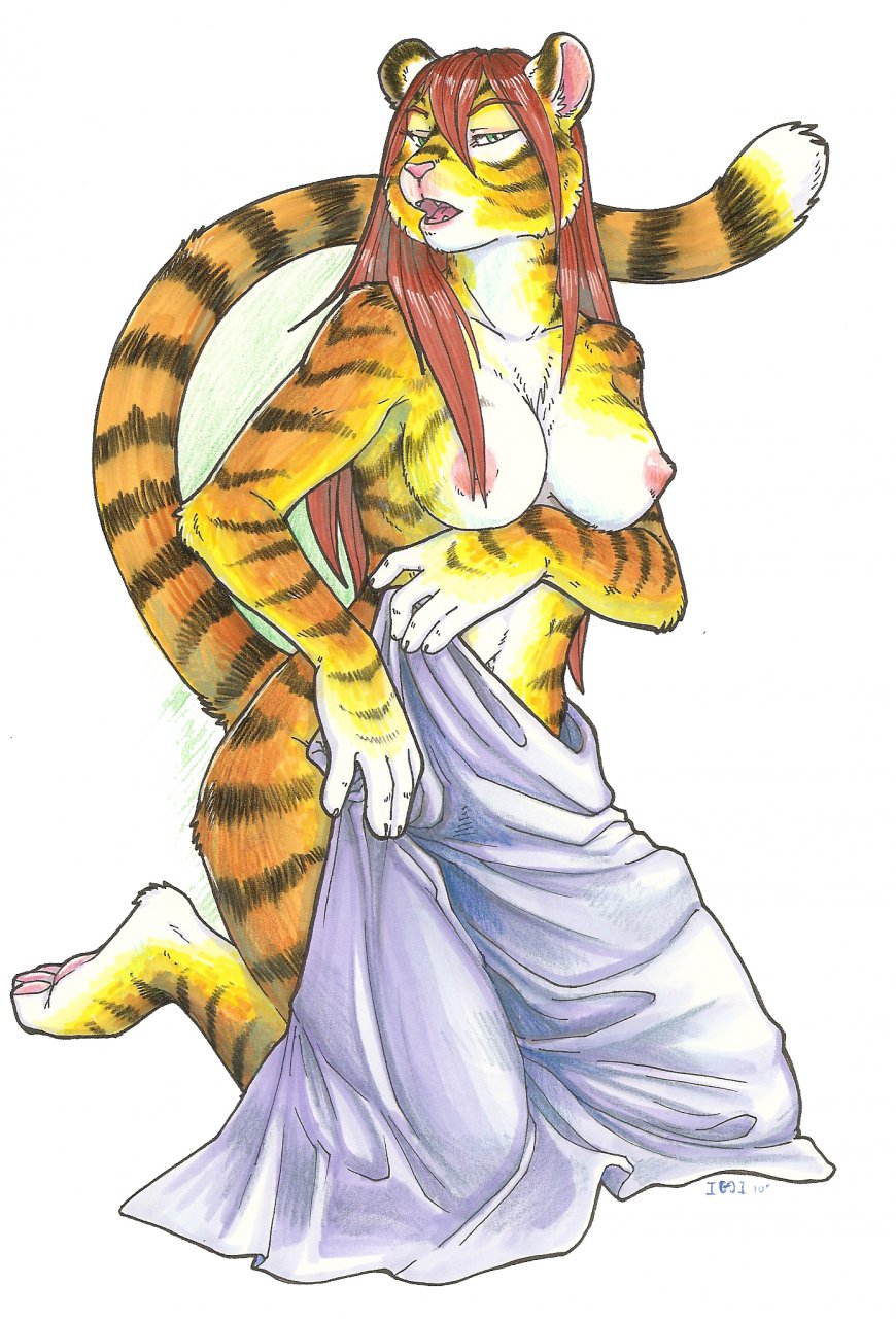 breasts covering covering_self feline female hair iggi long_hair mammal nipples nude plain_background red_hair solo teeth tiger towel white_background