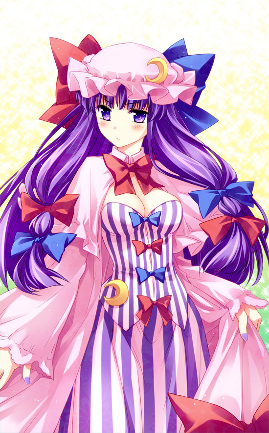 blush bow breasts cleavage crescent frown hair_ribbon hat large_breasts long_hair nail_polish patchouli_knowledge purple_eyes purple_hair purple_nails ribbon sato-pon solo touhou