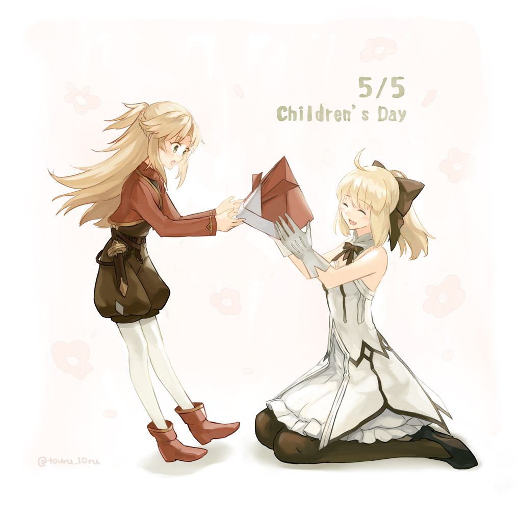 2girls :d ahoge artoria_pendragon_(all) black_bow black_legwear black_ribbon blonde_hair boots bow braid brown_shorts children's_day choker crown_braid dress eyebrows_visible_through_hair eyes_closed fate_(series) from_side full_body gloves hair_bow kneeling legwear_under_shorts long_hair long_sleeves mordred_(fate) mordred_(fate)_(all) multiple_girls neck_ribbon open_mouth pantyhose ponytail red_footwear ribbon saber_lily shiny shiny_hair short_dress shorts sleeveless sleeveless_dress smile standing strapless strapless_dress touru_10ru very_long_hair white_background white_dress white_gloves white_legwear