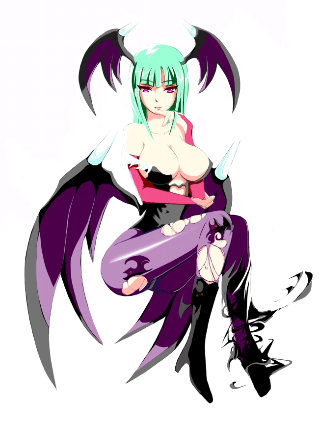 aqua_hair capcom darkstalkers demon_girl head_wings headwings morrigan_aensland sitting succubus vampire_(game)