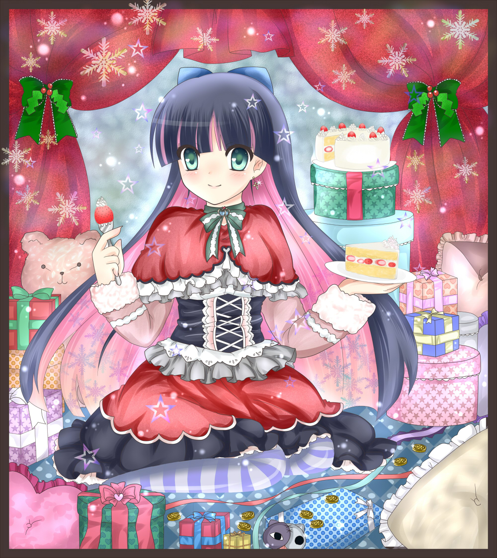 blue_ribbon blush border cake christmas cross cross_earrings curtains earrings food fork fruit gift green_eyes green_ribbon hair_ribbon jewelry multicolored_hair panty_&amp;_stocking_with_garterbelt plate puracotte ribbon sitting slice_of_cake smile solo star stocking_(psg) strawberry strawberry_shortcake stuffed_animal stuffed_toy sweets two-tone_hair unmoving_pattern