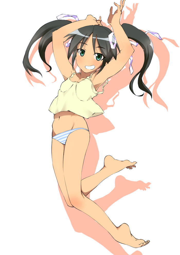 armpits arms_up bakushiishi_at barefoot feet francesca_lucchini grin groin looking_at_viewer lowleg lowleg_panties navel no_nose panties silhouette smile solo strike_witches striped striped_panties toes twintails underwear underwear_only world_witches_series
