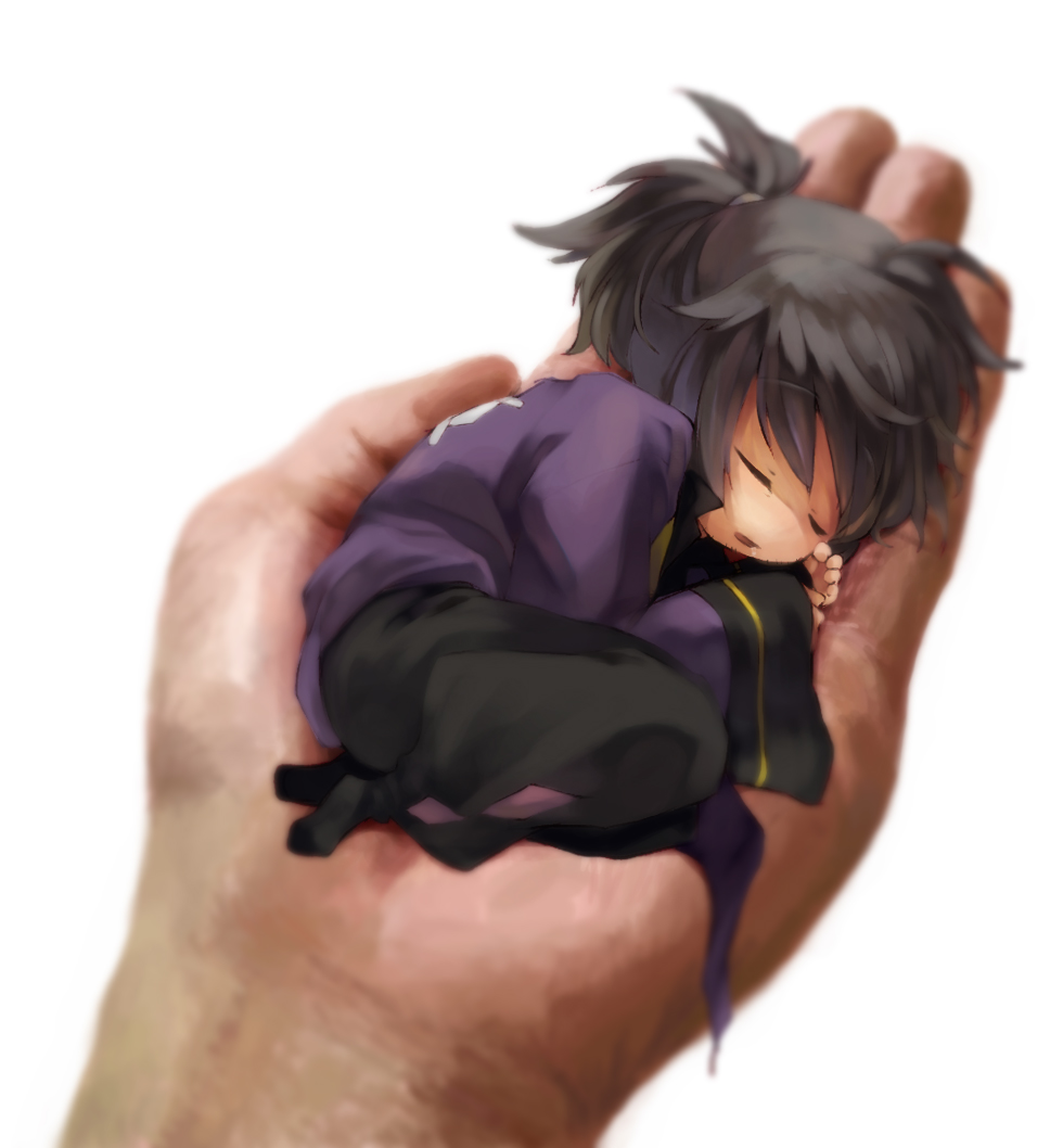 black_hair hands in_palm male_focus miniboy out_of_frame ponytail pov pov_hands raven_(tales) sleeping solo_focus tales_of_(series) tales_of_vesperia white_background yoshida_nishi