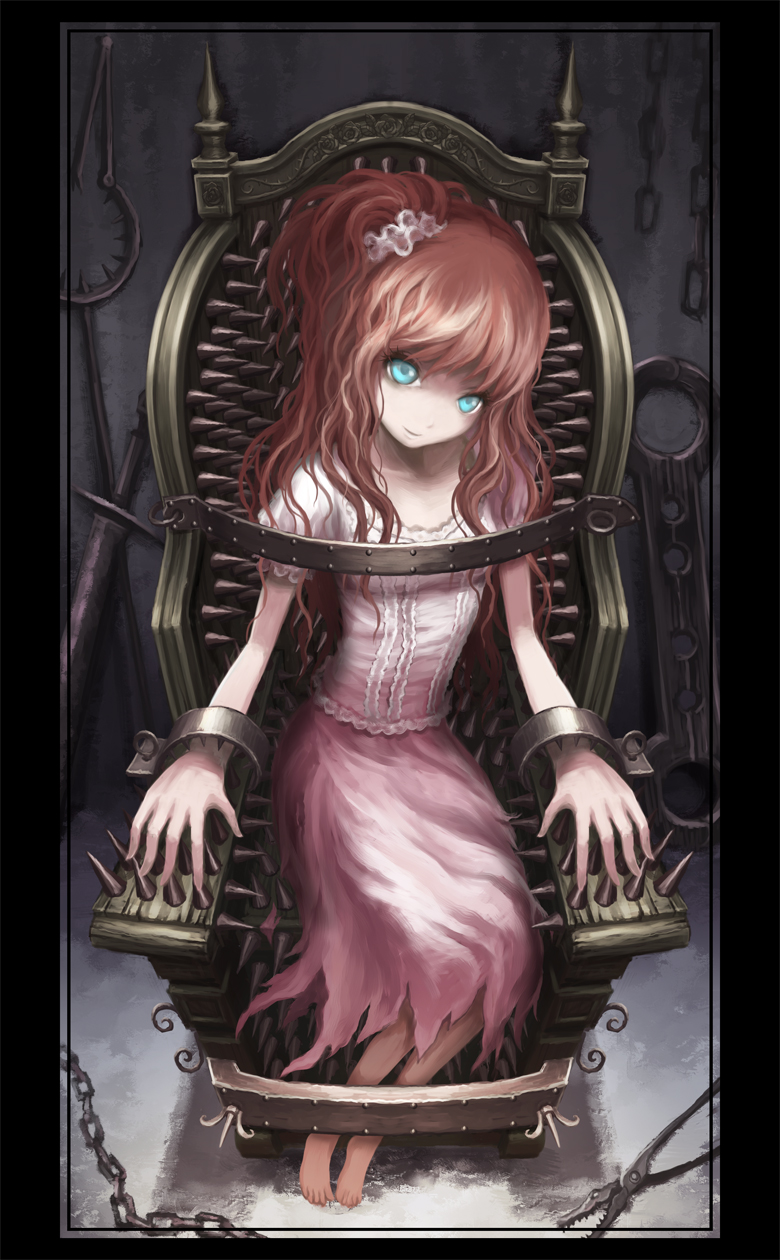 aqua_eyes bdsm bondage bound bound_legs bound_torso bound_wrists chain chair from_above hair_ornament highres legs_together light_smile no_lineart original red_hair sitting solo spikes sword torture ume_(illegal_bible) weapon