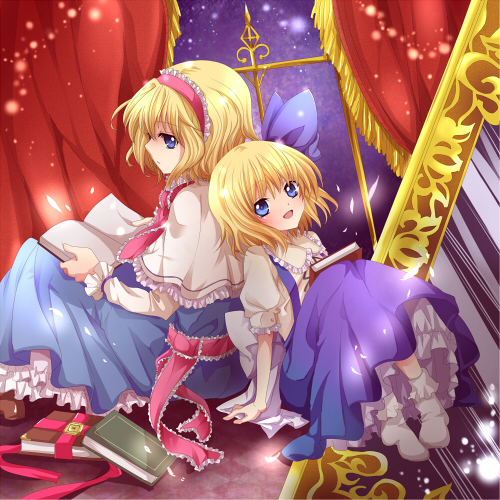 alice_margatroid alice_margatroid_(pc-98) back-to-back blonde_hair blue_eyes book capelet curtains dress dual_persona hairband lowres multiple_girls petticoat rakkyhappy time_paradox touhou touhou_(pc-98)