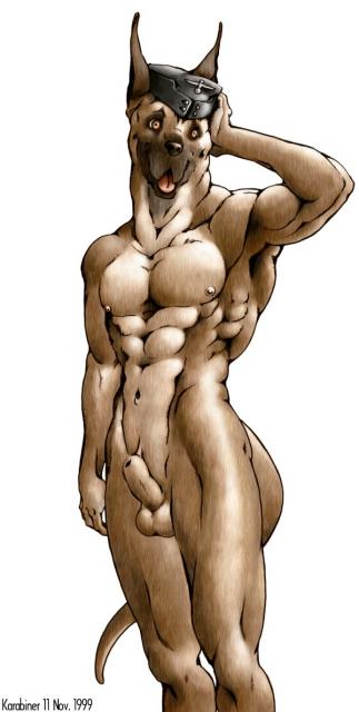 anthro balls canine dog great_dane hat karabiner male mammal military muscles nazi nude plain_background pose sheath solo tail white_background yellow_eyes