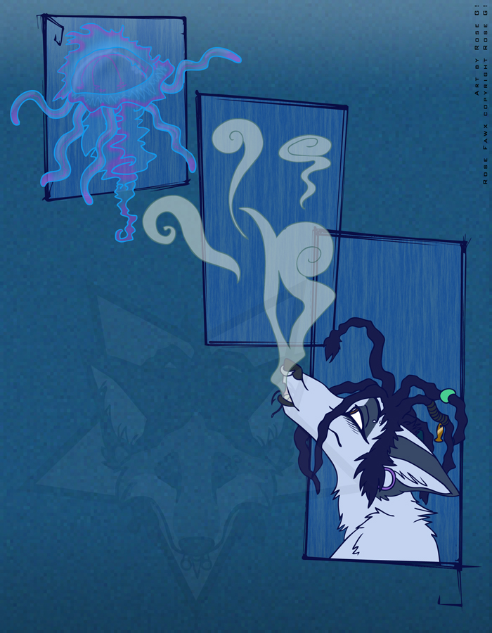 blue_hair canine cloud dreadlocks gauged_ears hair jellyfish looking_up male mammal marine piercing smoke solo stoned stoner stretched_ears surreal unknown_artist wolf