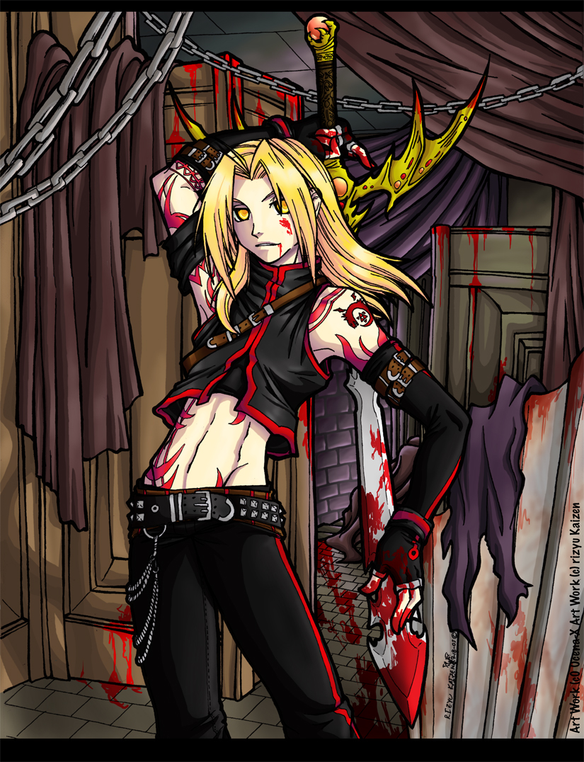 alternate_costume belt blonde_hair blood detached_sleeves edward_elric fullmetal_alchemist indoors jewelry male male_focus midriff ouroboros solo sword tattoo weapon