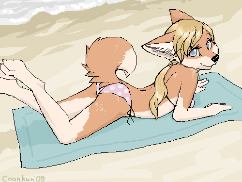 2008 beach bikini black_nose blonde_hair blue_eyes canine coonkun cub curled_tail female fox hair long_hair looking_at_viewer on_front outside ponytail seaside side-tie_bikini side-tie_panties skimpy solo tail young