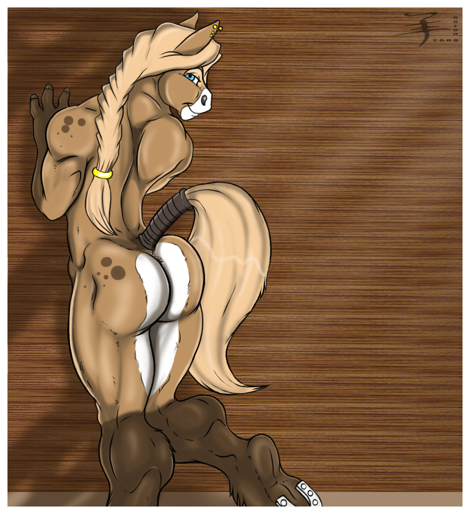 aaron anthro big_butt blonde_hair blue_eyes brown_fur butt equine fur hair hooves horse horseshoe horseshoes male mammal muscles nude ponytail pose solo spots