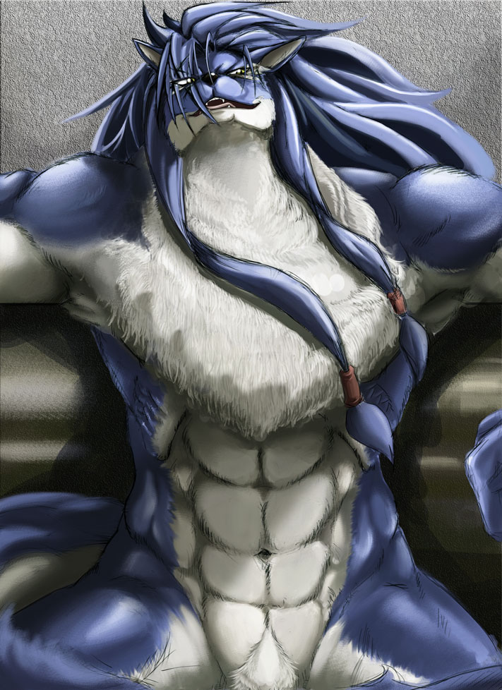 biceps blue blue_fur blue_hair canine duga fur hair male mammal muscles nude pose shining_(series) shining_force_exa solo sourou_cerulean_wolf unknown_artist video_games wolf