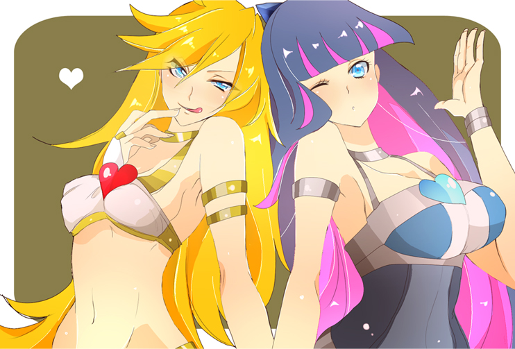 ;p blush breasts cleavage naughty_face one_eye_closed panty_&amp;_stocking_with_garterbelt panty_(character) panty_(psg) stocking_(character) stocking_(psg) tongue tongue_out wink
