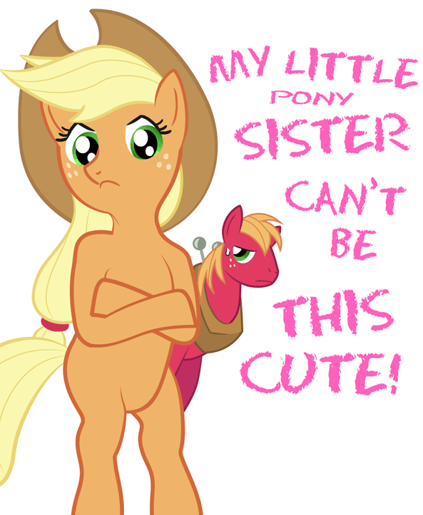 :&lt; applejack artist_request big_macintosh blonde_hair brother_and_sister can't_be_this_cute cowboy_hat crossed_arms crossover english freckles frown green_eyes hat horse long_hair low-tied_long_hair my_little_pony my_little_pony_friendship_is_magic no_humans orange_hair ore_no_imouto_ga_konna_ni_kawaii_wake_ga_nai parody siblings
