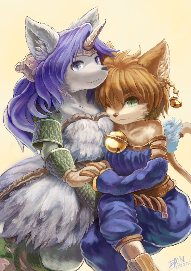 bell canine cat couple cute danae eixin feline female hand_holding horns hug legend_of_mana one_eye_closed sierra wolf