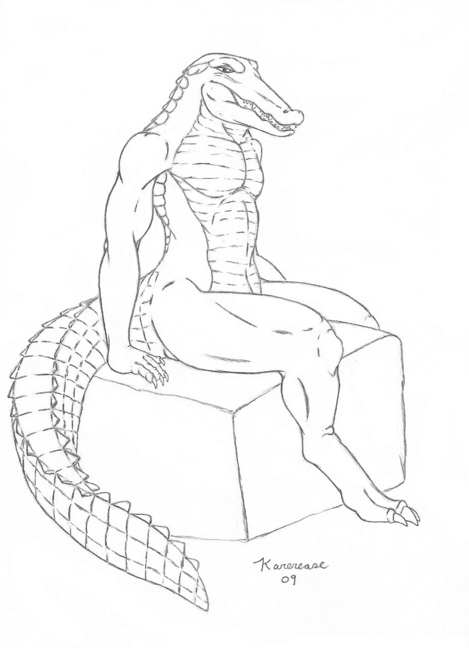 alligator black_and_white karerease male monochrome nude plain_background reptile scalie sitting solo white_background