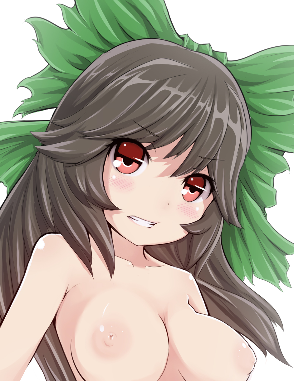 alcohol_(coldfront) bad_id bad_pixiv_id black_hair blush bow breasts collarbone green_bow green_ribbon hair_bow hair_ribbon highres large_breasts nipples nude open_mouth red_eyes reiuji_utsuho ribbon solo touhou upper_body
