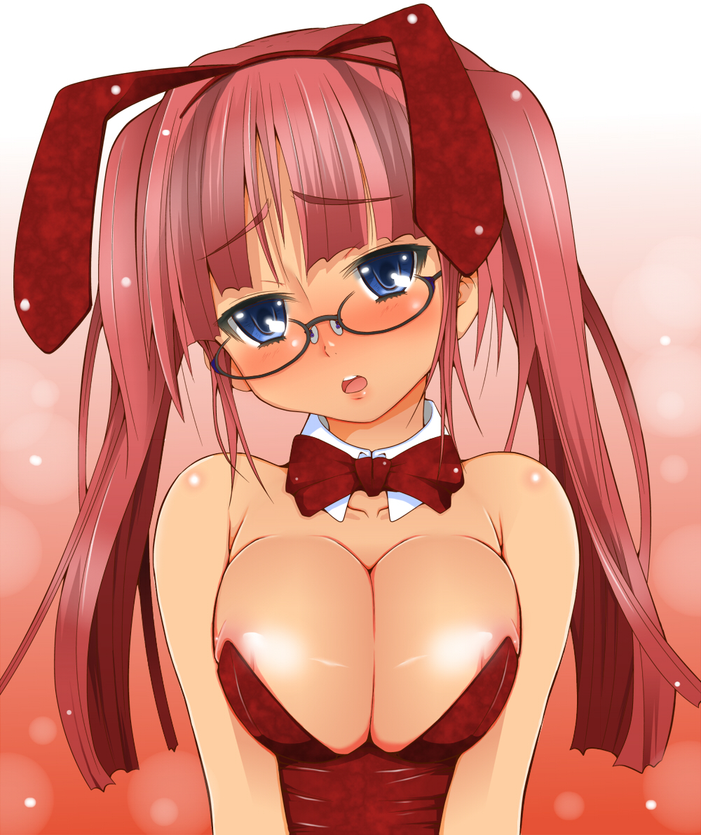 animal_ears areola_slip areolae asou_yuka blue_eyes blush bow bowtie breasts bunny_ears bunny_girl bunnysuit cleavage detached_collar glasses hairband large_breasts leotard long_hair naz original red_hair red_leotard solo