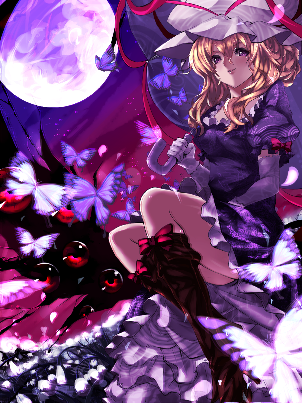 alternate_hairstyle bangs blonde_hair blurry blush boots bow breasts bug butterfly cleavage depth_of_field dress elbow_gloves eyes floral_print flower full_moon gap gloves hair_between_eyes hair_bun hair_up hat highres holding holding_umbrella insect karlwolf knee_boots lily_of_the_valley long_hair looking_at_viewer medium_breasts mob_cap moon night parted_lips petals purple purple_dress purple_eyes red_eyes reflective_eyes ribbon_trim shiny shiny_hair shiny_skin shoe_bow shoes short_sleeves sidelocks smile solo thighs tied_hair touhou umbrella white_gloves yakumo_yukari