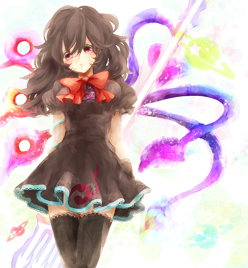 adapted_costume alternate_hairstyle arms_behind_back asymmetrical_wings bad_id bad_pixiv_id black_hair black_legwear bow bowtie houjuu_nue lace lace-trimmed_thighhighs long_hair red_eyes red_hair solo takahashi_(te6-6ba) thighhighs touhou wings zettai_ryouiki