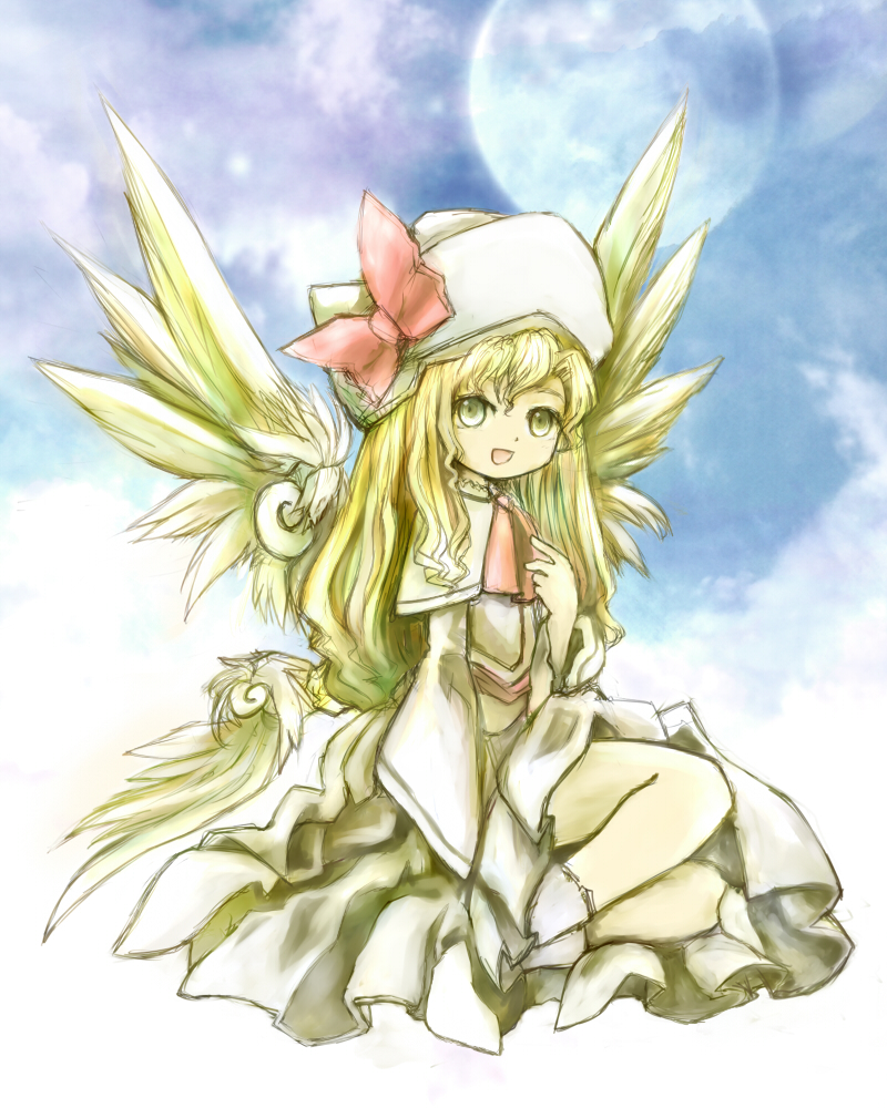 :d bad_id bad_pixiv_id blonde_hair blue_sky full_moon hat lily_white long_hair moon multiple_wings open_mouth ribbon shiki_shaku sitting sky smile solo touhou wings yellow_eyes