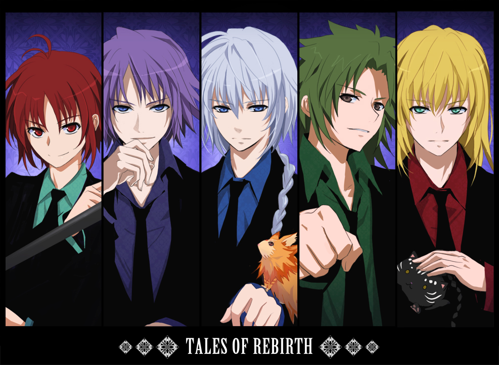 animal blonde_hair braid clenched_hand column_lineup copyright_name green_hair green_shirt male_focus mao_(tales) milhaust_selkirk multiple_boys necktie purple_background purple_hair puu_(aiko) red_hair saleh shirt tales_of_(series) tales_of_rebirth tytree_crowe veigue_lungberg white_hair