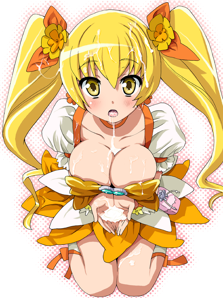 blonde_hair breasts cleavage cum cum_in_mouth cum_on_body cum_on_breasts cum_on_upper_body cum_pool cupping_hands cure_sunshine heartcatch_precure! homing_(areya) kneeling large_breasts magical_girl myoudouin_itsuki precure skirt solo twintails yellow_eyes