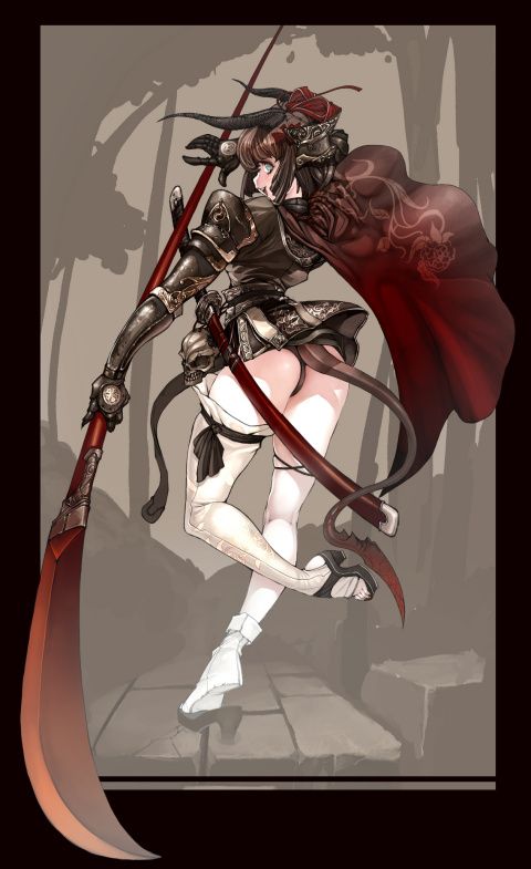armor ass blade brunette demon feet female girl horns jeffr panties smile tail thighhighs thong weapon