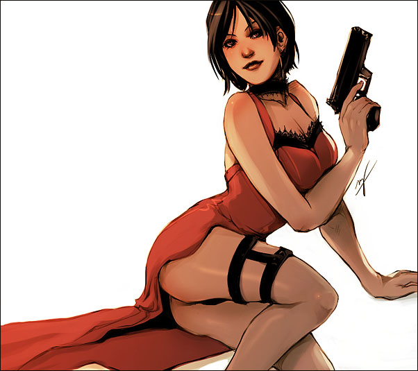 ada_wong breasts dress evening_dress evening_gown female gun holster panties red_dress resident_evil short_hair solo underwear weapon white_background