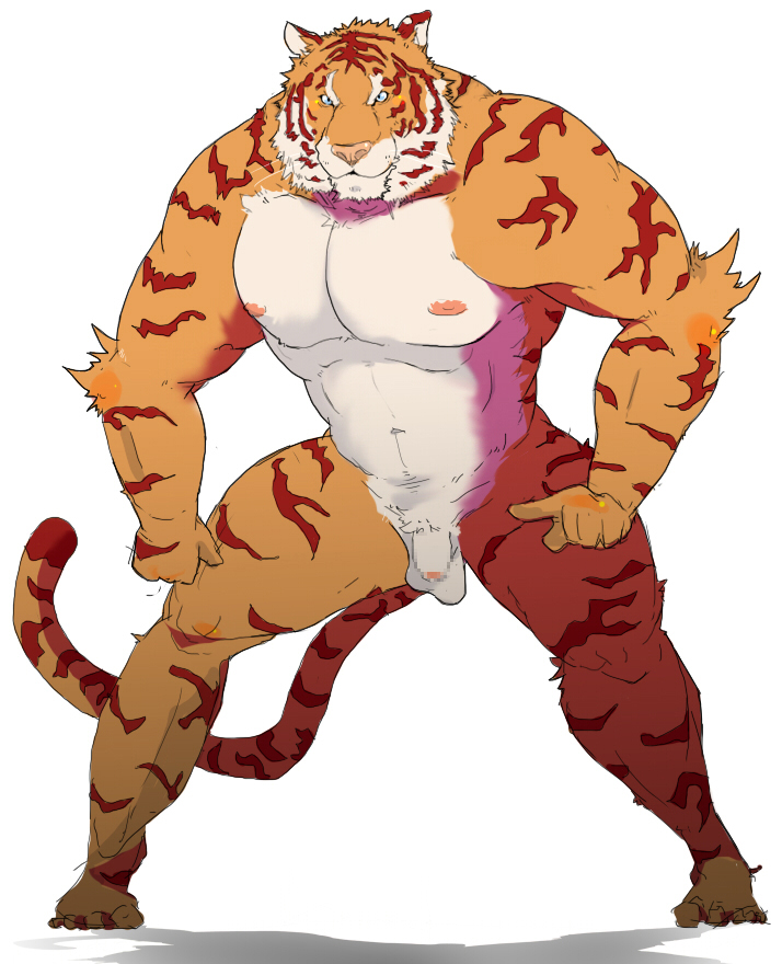 balls blue_eyes censored feline male mammal muscles nude penis plain_background pose solo tiger unknown_artist white_background