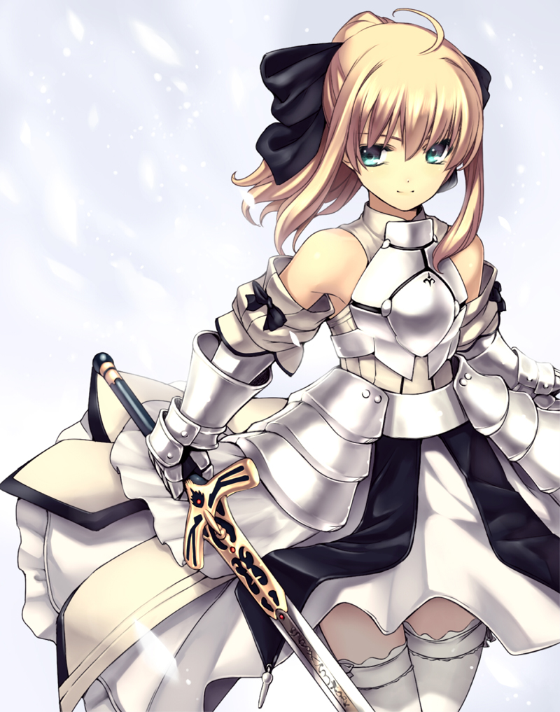 ahoge armor armored_dress artoria_pendragon_(all) bad_id bad_pixiv_id bare_shoulders blonde_hair blue_eyes breastplate caliburn dress fate/stay_night fate/unlimited_codes fate_(series) faulds green_eyes hair_ribbon ribbon saber saber_lily solo sword takemori_shintarou thighhighs weapon white_legwear