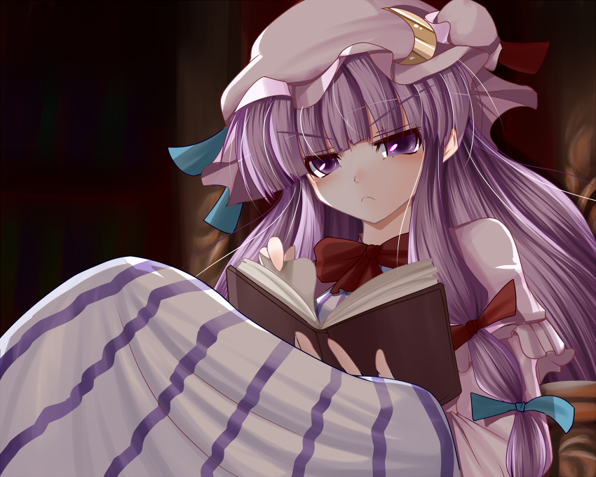 :&lt; angry blush book chair crescent doburoku_(daiginjou) hat long_hair patchouli_knowledge purple_eyes purple_hair sitting solo touhou