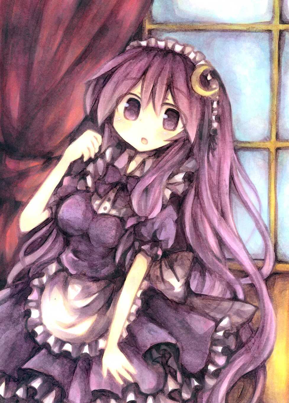 alternate_costume apron bad_id bad_pixiv_id crescent crescent_hair_ornament enmaided hair_ornament highres long_hair maid maid_headdress open_mouth patchouli_knowledge purple_eyes purple_hair solo touhou very_long_hair waist_apron wiriam07
