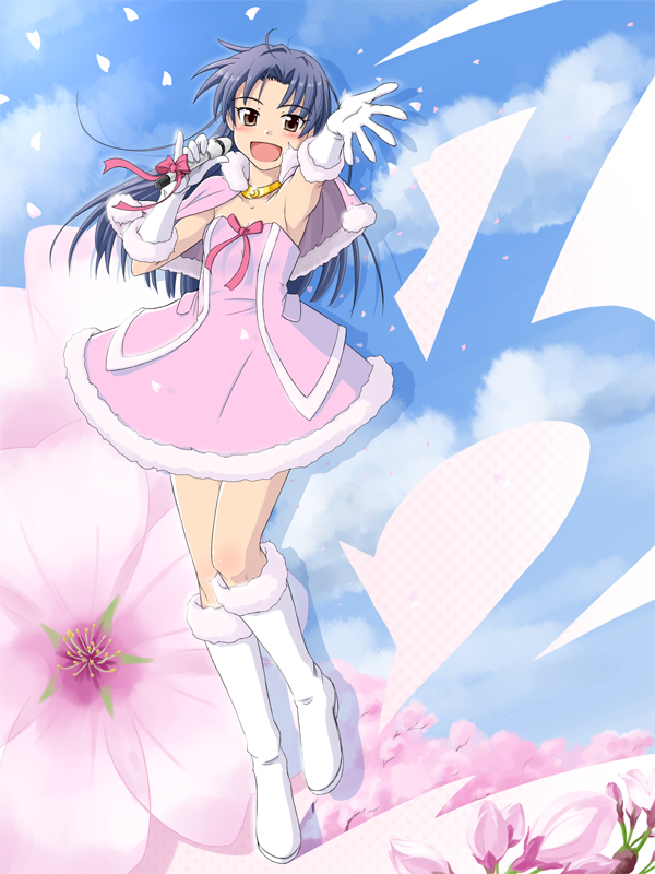 bad_id bad_pixiv_id blush boots capelet cute_&amp;_girly_(idolmaster) dress gloves idolmaster idolmaster_(classic) kisaragi_chihaya microphone music open_mouth outstretched_arm punto singing smile solo