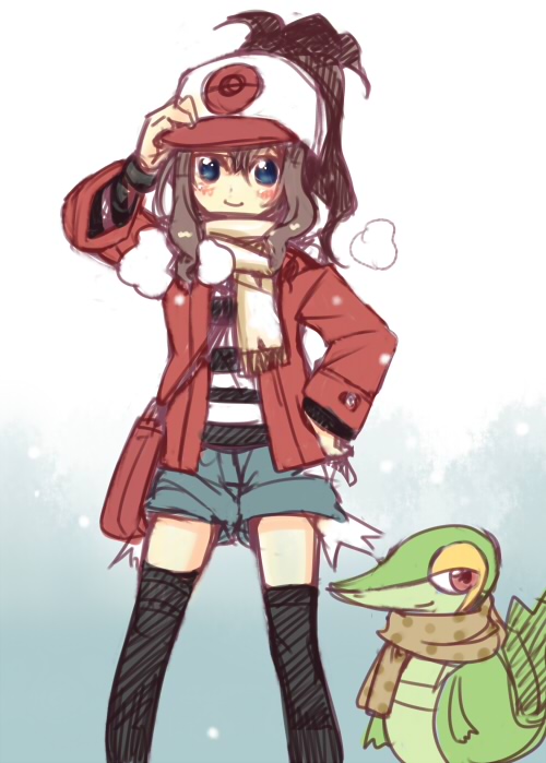 adjusting_clothes adjusting_hat bag baseball_cap brown_eyes brown_hair gen_5_pokemon hand_on_hip hat minamura_haruki pokemon pokemon_(creature) pokemon_(game) pokemon_bw ponytail satchel scarf shirt shorts smile snivy snow striped striped_shirt thighhighs touko_(pokemon)