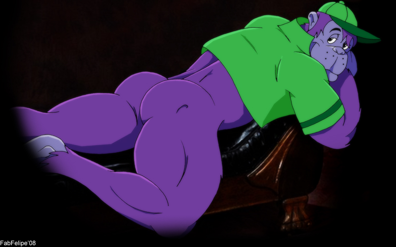 anthro ape back baseball_cap big_muscles bottomless butt clothed clothing fabfelipe fur gorilla grape_ape hat looking_at_viewer looking_back lying male mammal muscles pose primate purple_fur shirt sofa solo