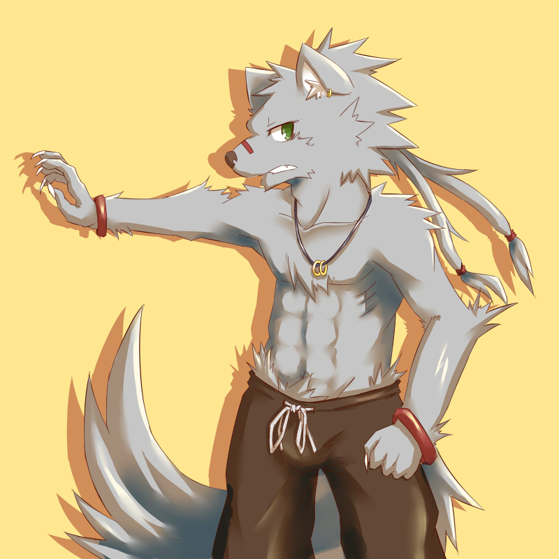 clothing green_eyes male mammal necklace pants silverio solo tail topless wolf
