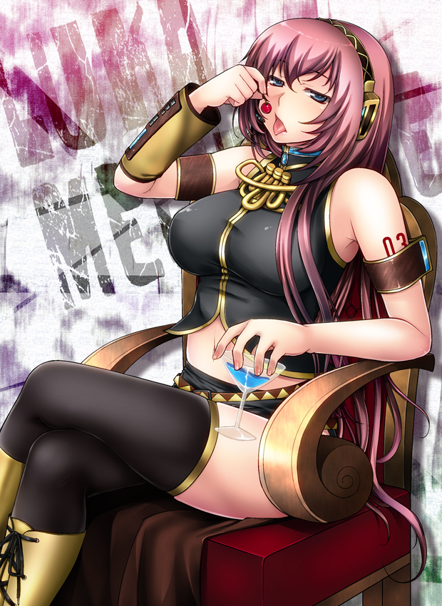 blue_eyes boots breasts cherry crossed_legs food fruit glass headphones large_breasts long_hair megurine_luka pink_hair sitting skirt solo thighhighs tongue touno_itsuki vocaloid